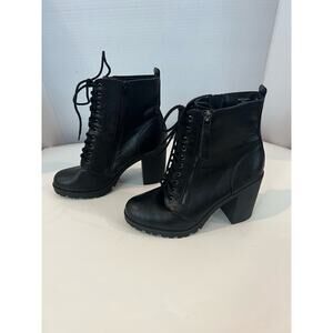 SODA Women's Vegan Black Malia Combat Chunky Heel Mid Calf Zipper Boots 10